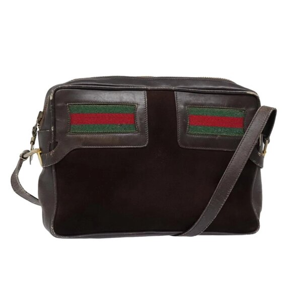 GUCCI Web Sherry Line Shoulder Bag Suede Leather Brown Gold Red Auth 93822 - Picture 1 of 16